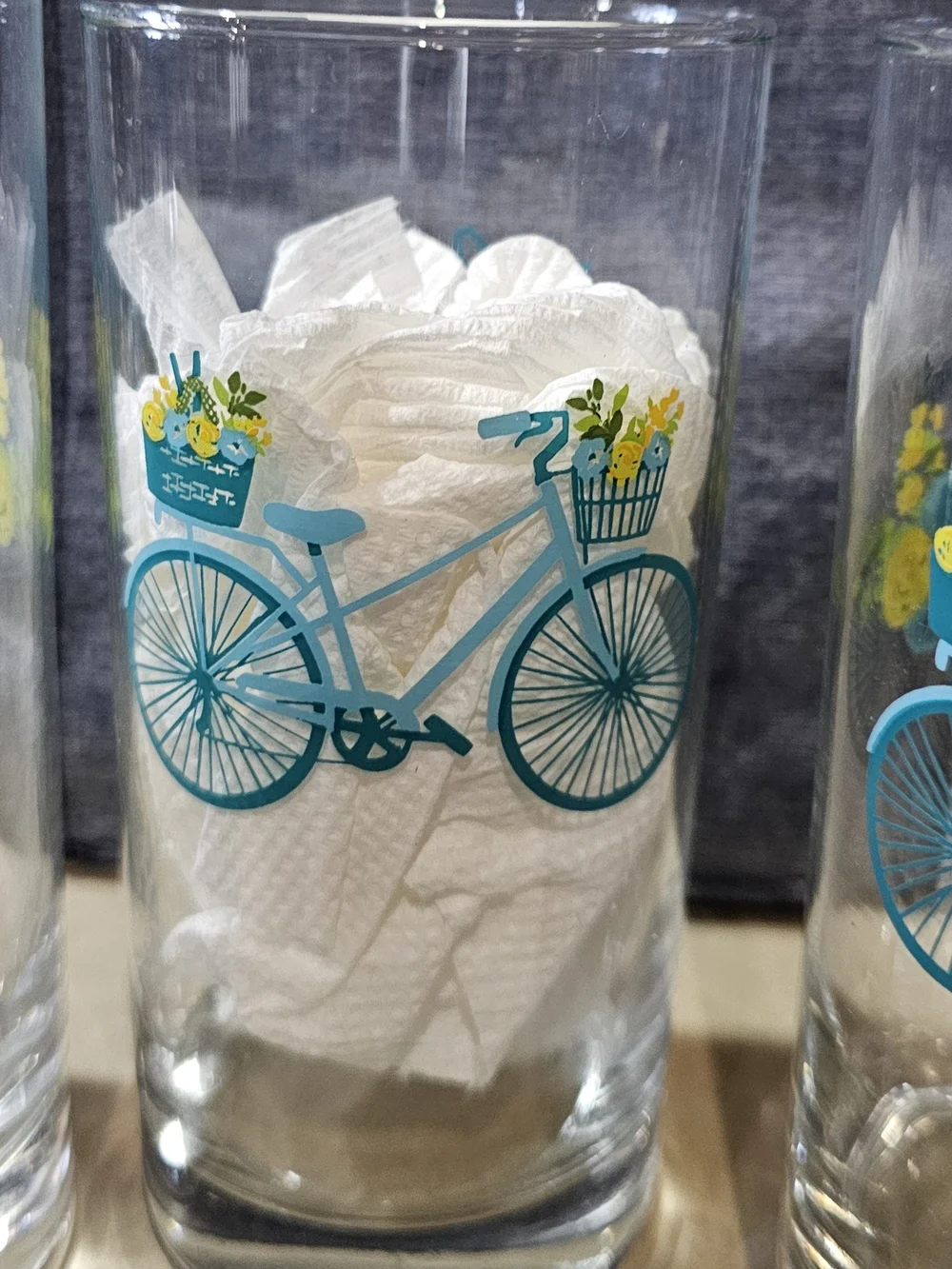 3 Crisa Libbey High Ball Ice Tea Drinking Glasses Bicycles & Blooms 16oz. EUC